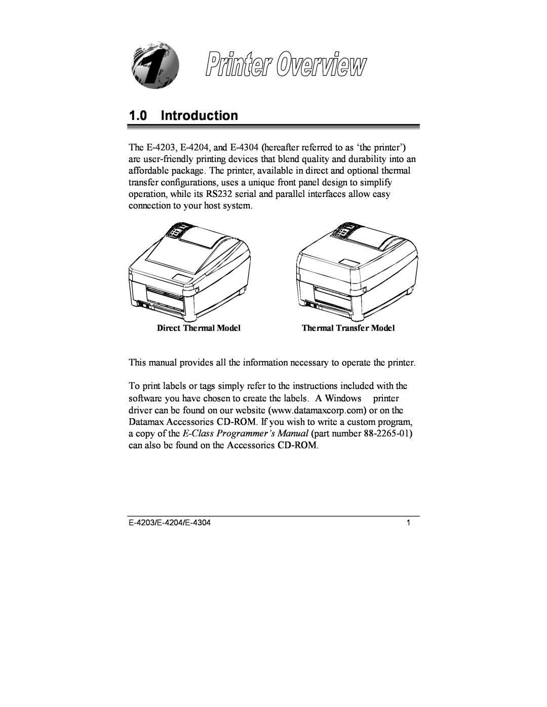 Datamax E-4304e, E-4203, E-4204 manual Introduction, Direct Thermal Model, Thermal Transfer Model 