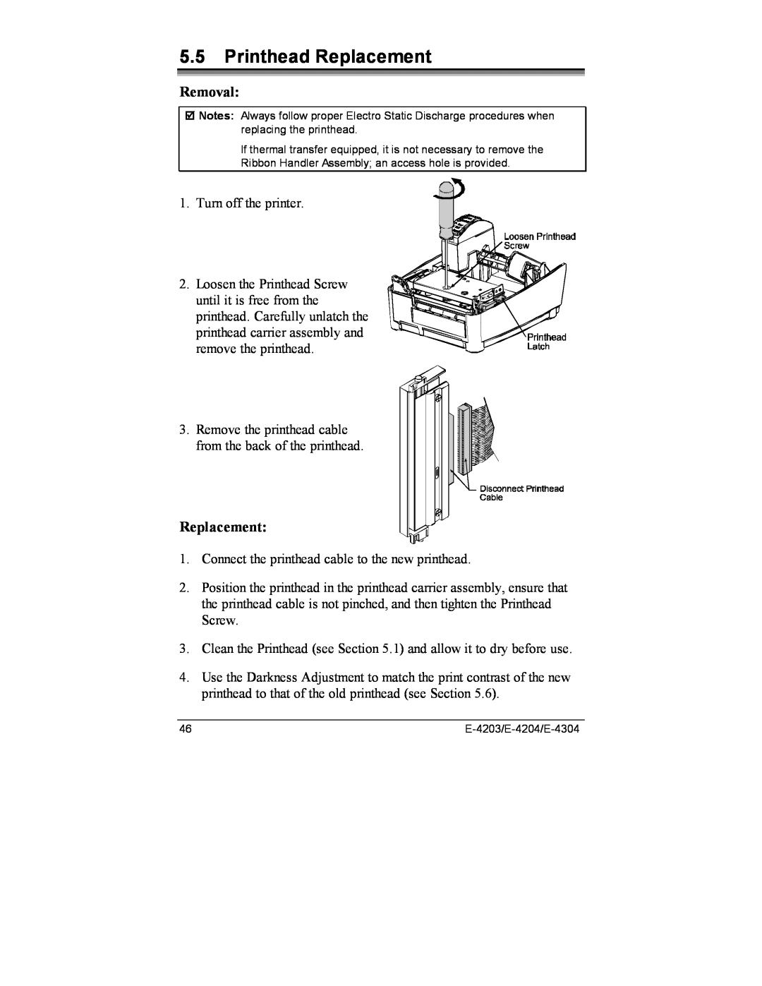 Datamax E-4304e, E-4203, E-4204 manual Printhead Replacement, Removal 