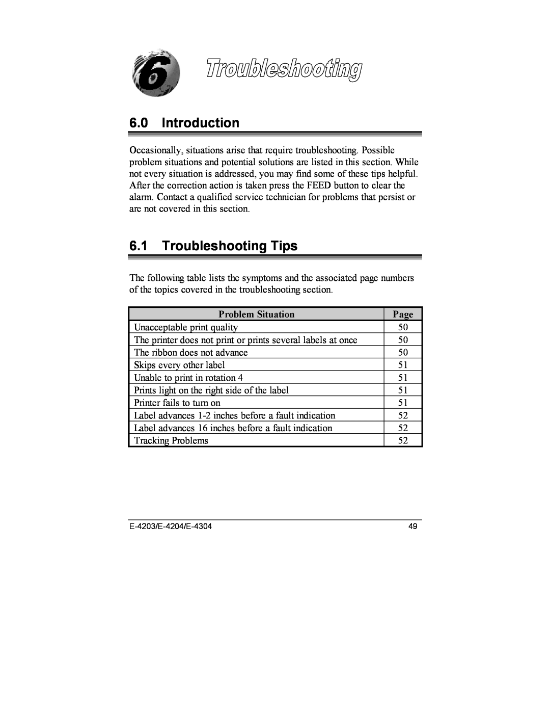 Datamax E-4304e, E-4203, E-4204 manual Introduction, Troubleshooting Tips, Problem Situation, Page 