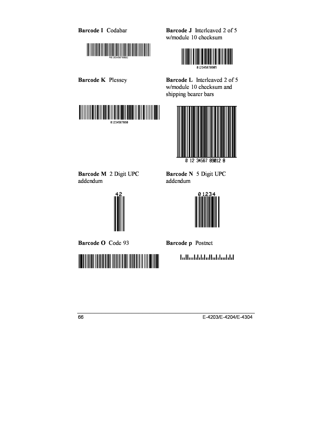 Datamax E-4204, E-4203 Barcode I Codabar, Barcode J Interleaved 2 of, w/module 10 checksum, Barcode K Plessey, addendum 