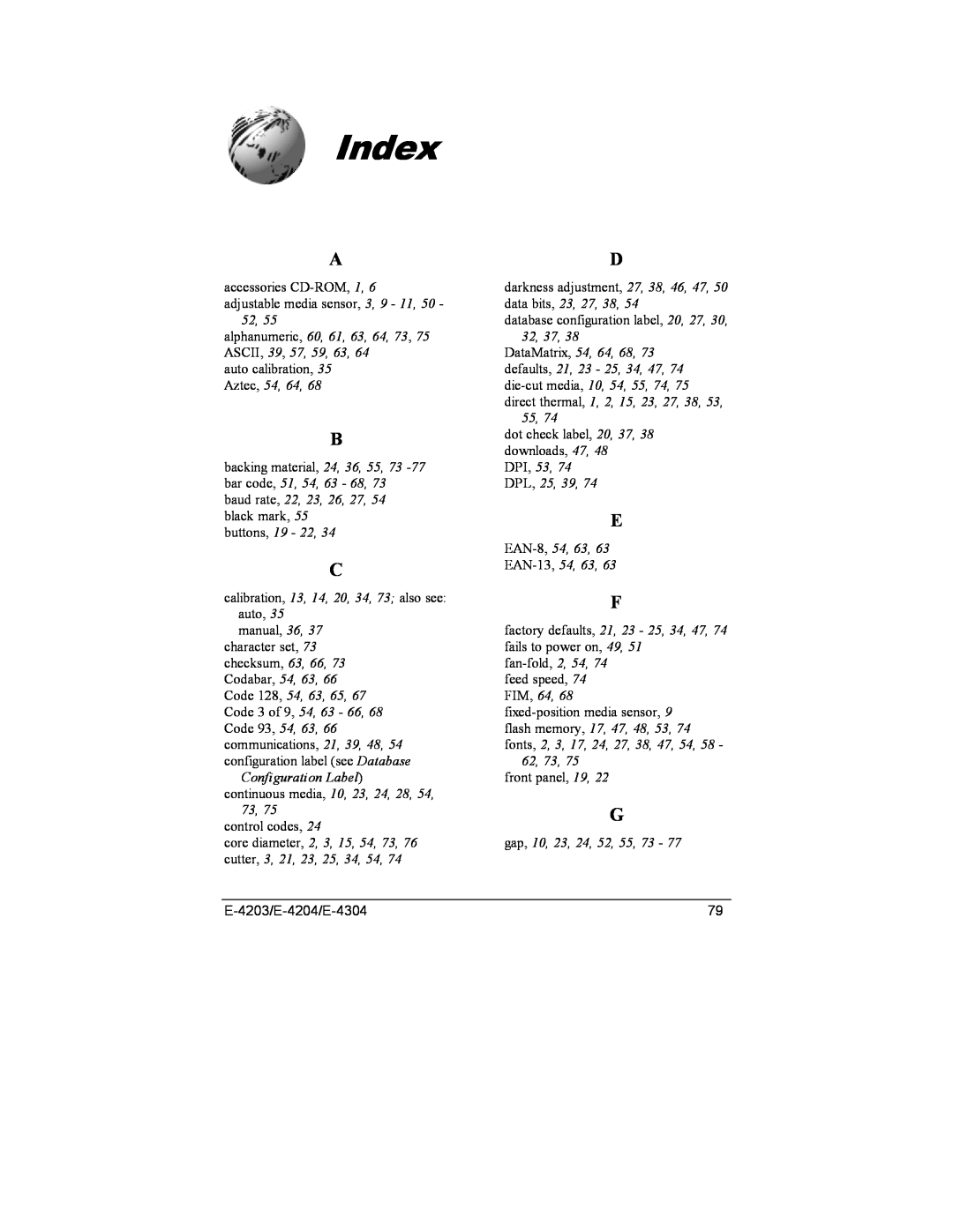 Datamax E-4304e, E-4203, E-4204 manual Index 
