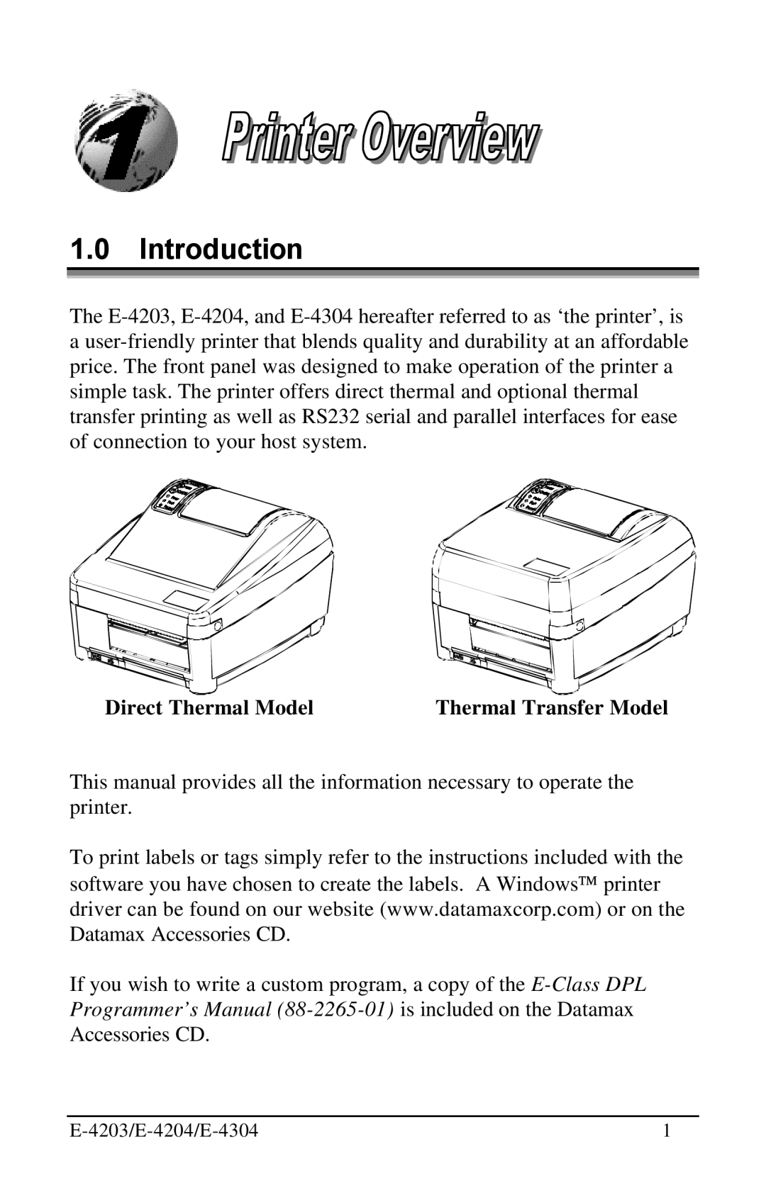 Datamax E-4304 manual Introduction, Direct Thermal Model 