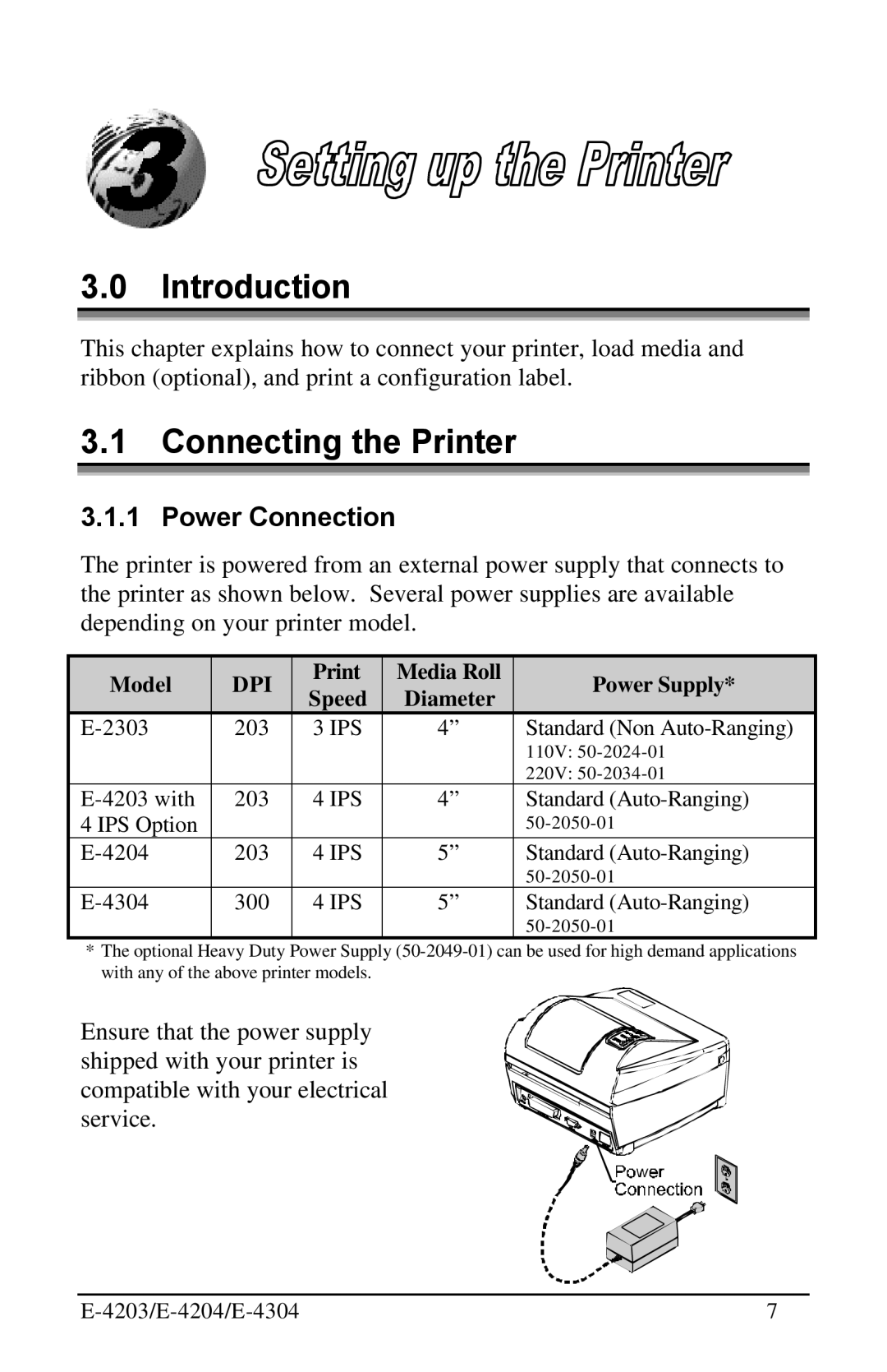 Datamax E-4304 manual Connecting the Printer, Power Connection 