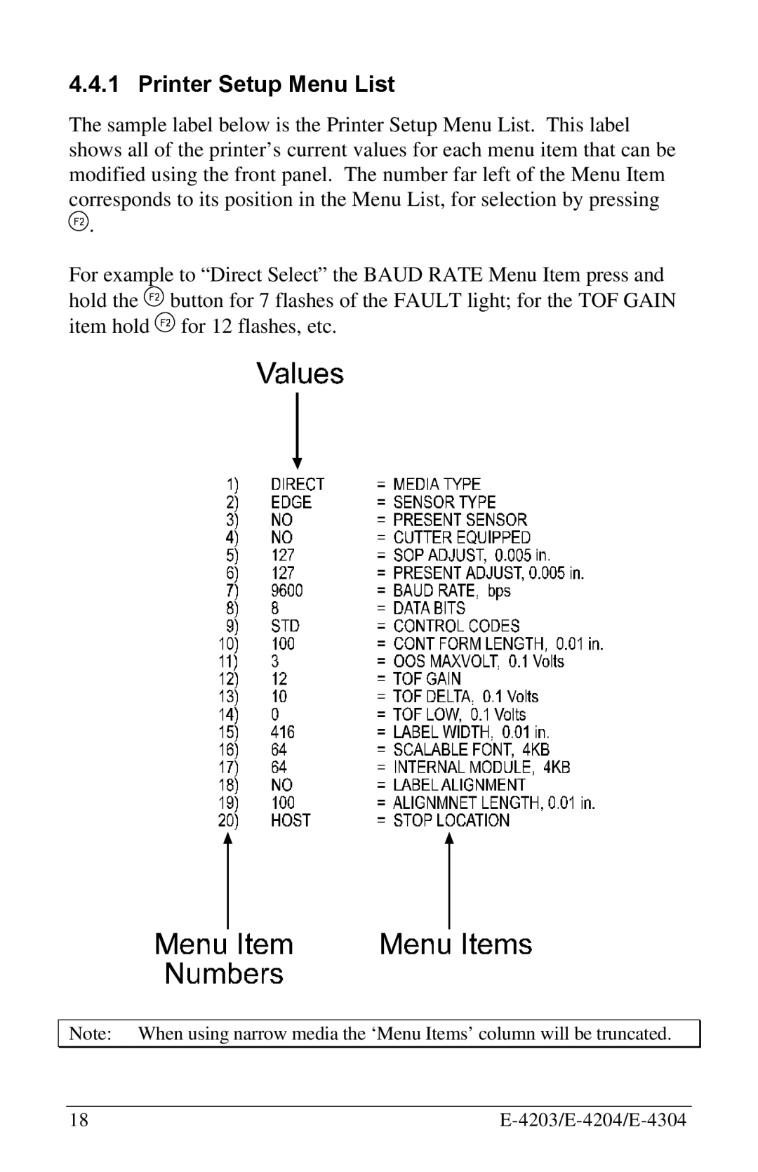 Datamax E-4304 manual Printer Setup Menu List 