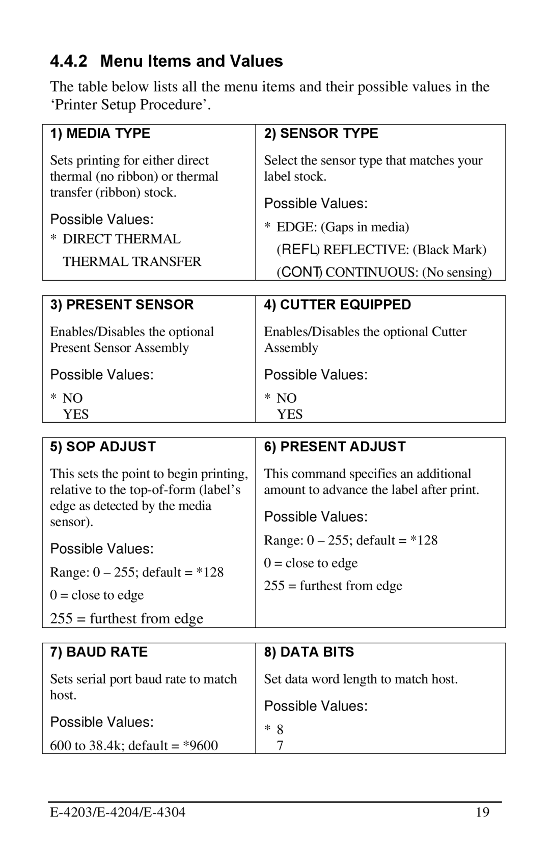 Datamax E-4304 manual Menu Items and Values, Media Type Sensor Type 