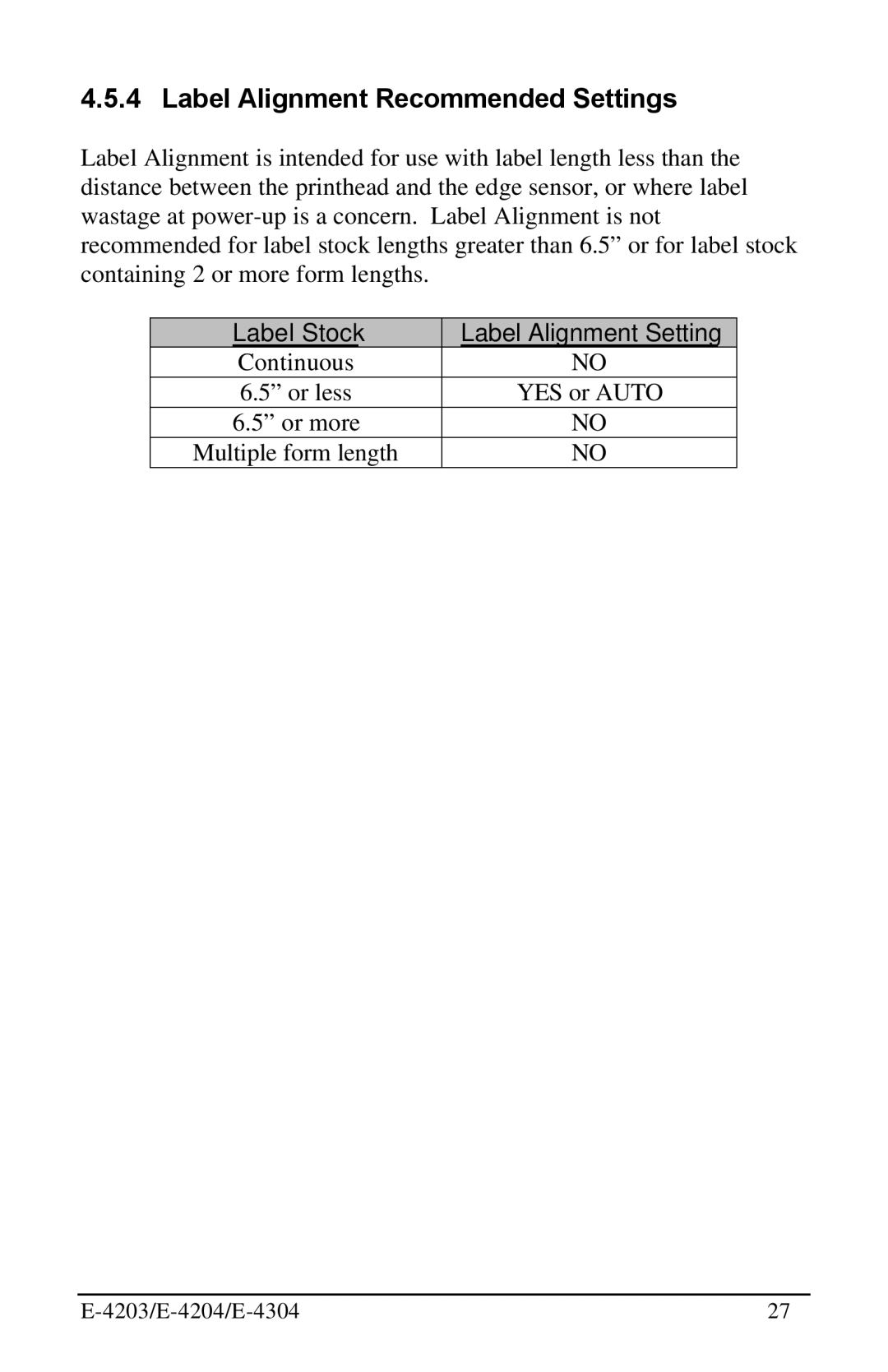 Datamax E-4304 manual Label Alignment Recommended Settings, Label Stock Label Alignment Setting 