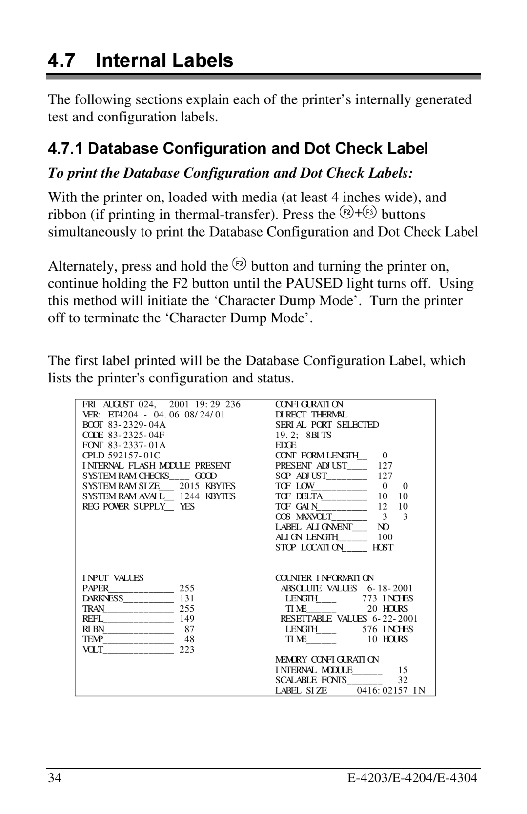 Datamax E-4304 manual Internal Labels, Database Configuration and Dot Check Label 