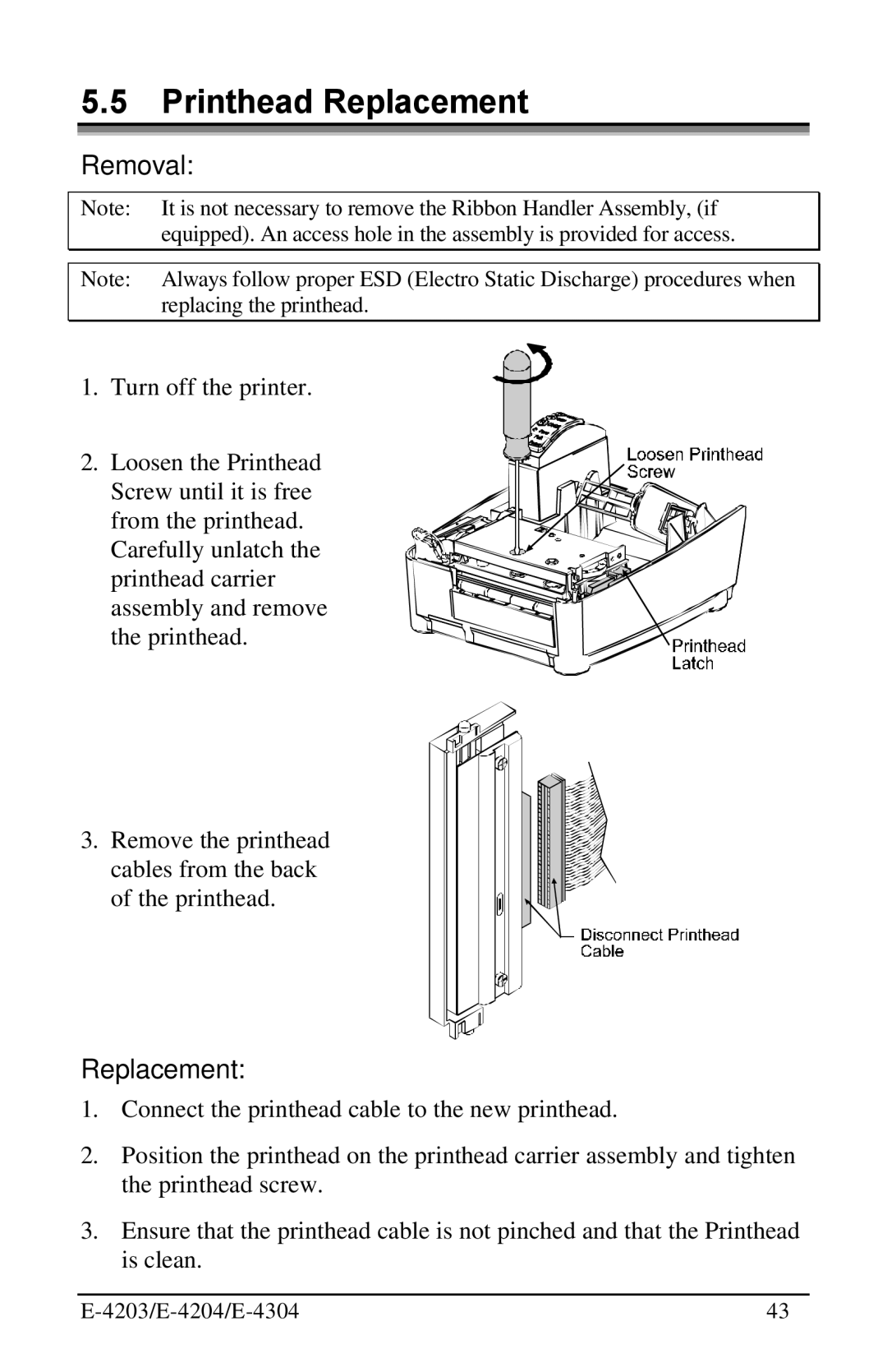 Datamax E-4304 manual Printhead Replacement, Removal 