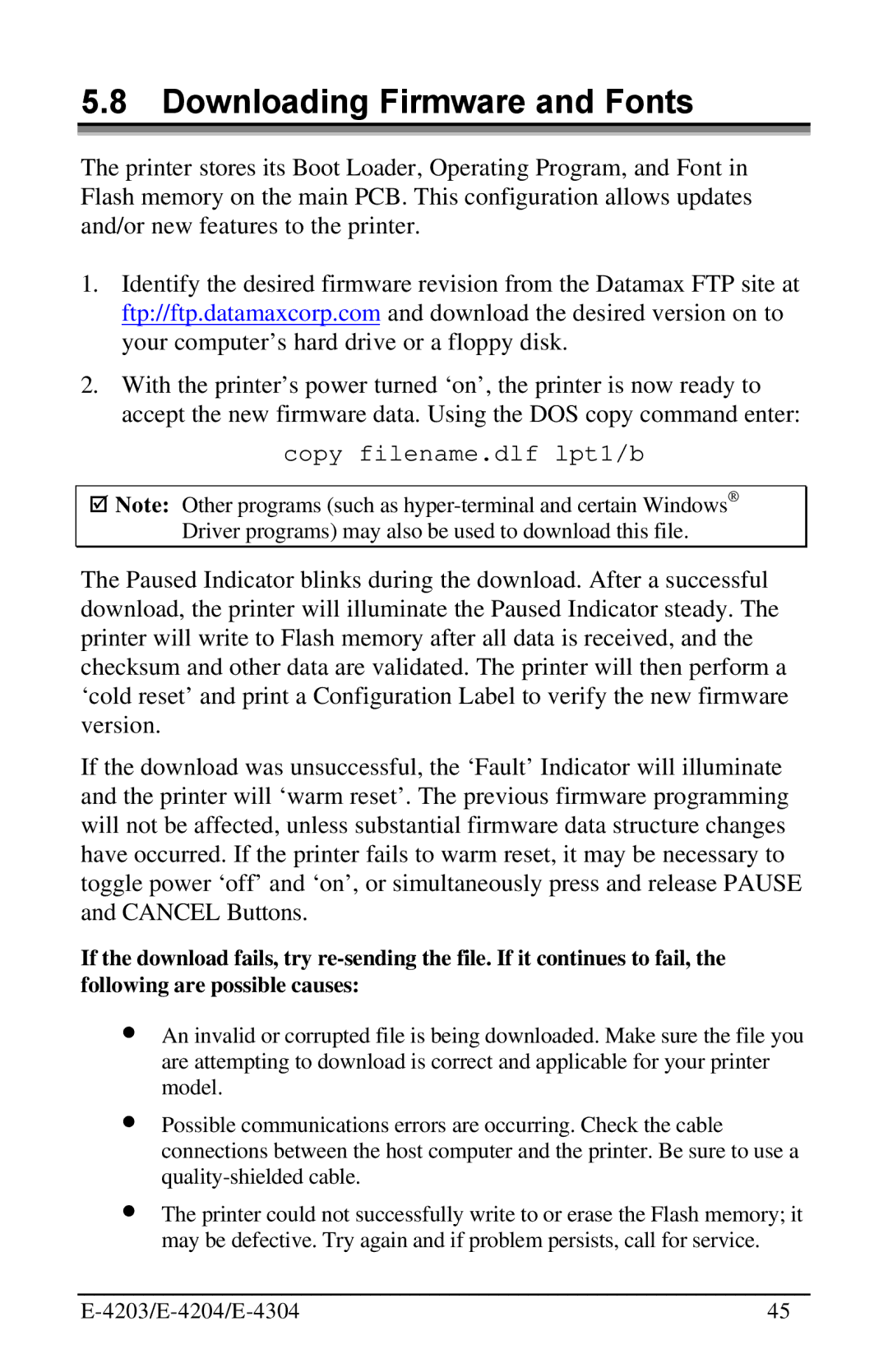 Datamax E-4304 manual Downloading Firmware and Fonts 