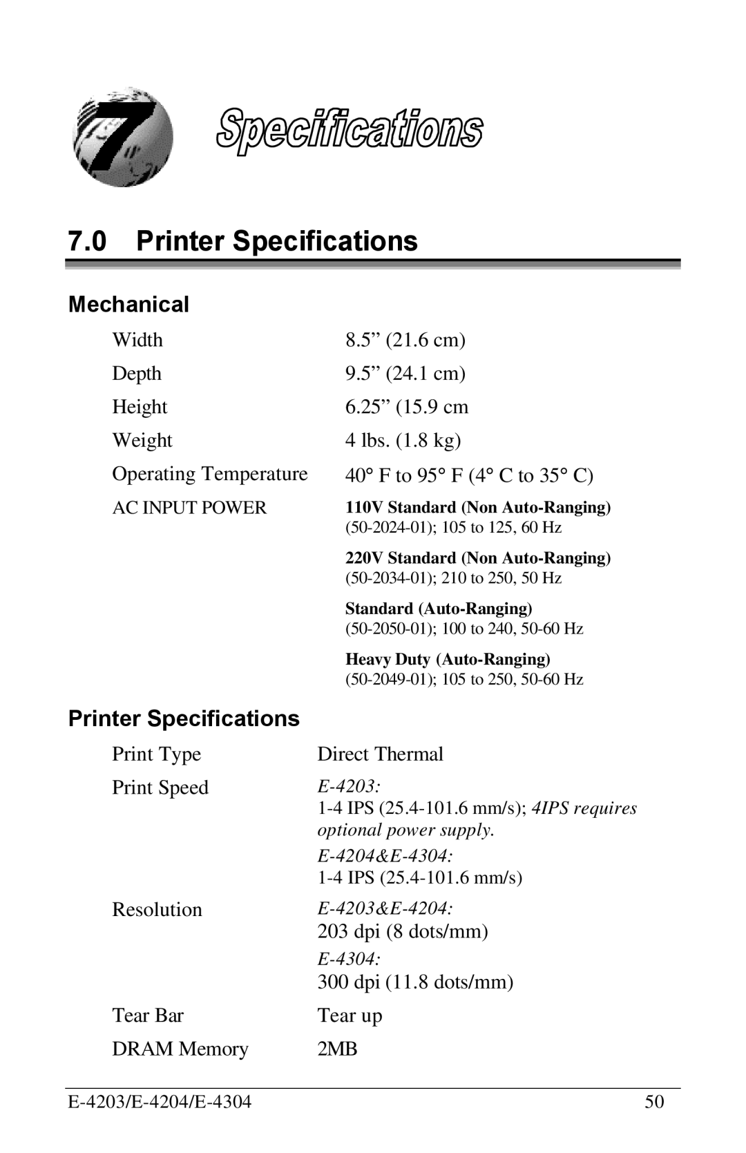 Datamax E-4304 manual Printer Specifications, Mechanical 