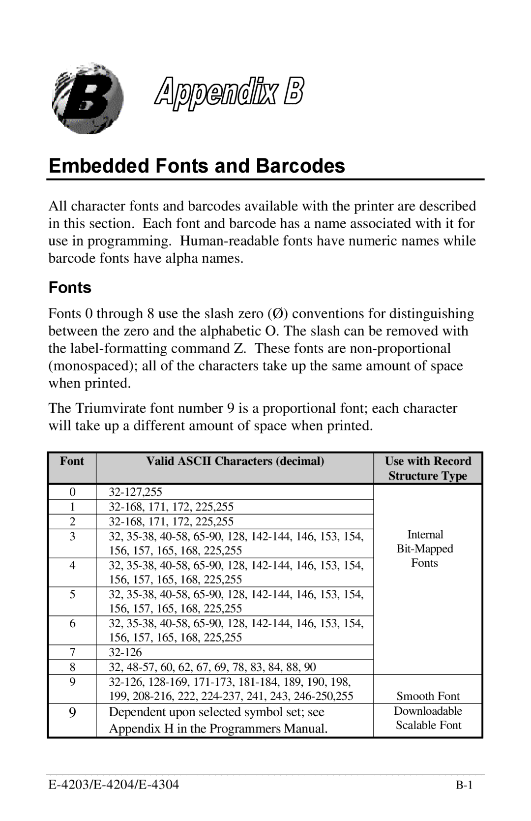 Datamax E-4304 manual Embedded Fonts and Barcodes, Font Valid Ascii Characters decimal Use with Record 