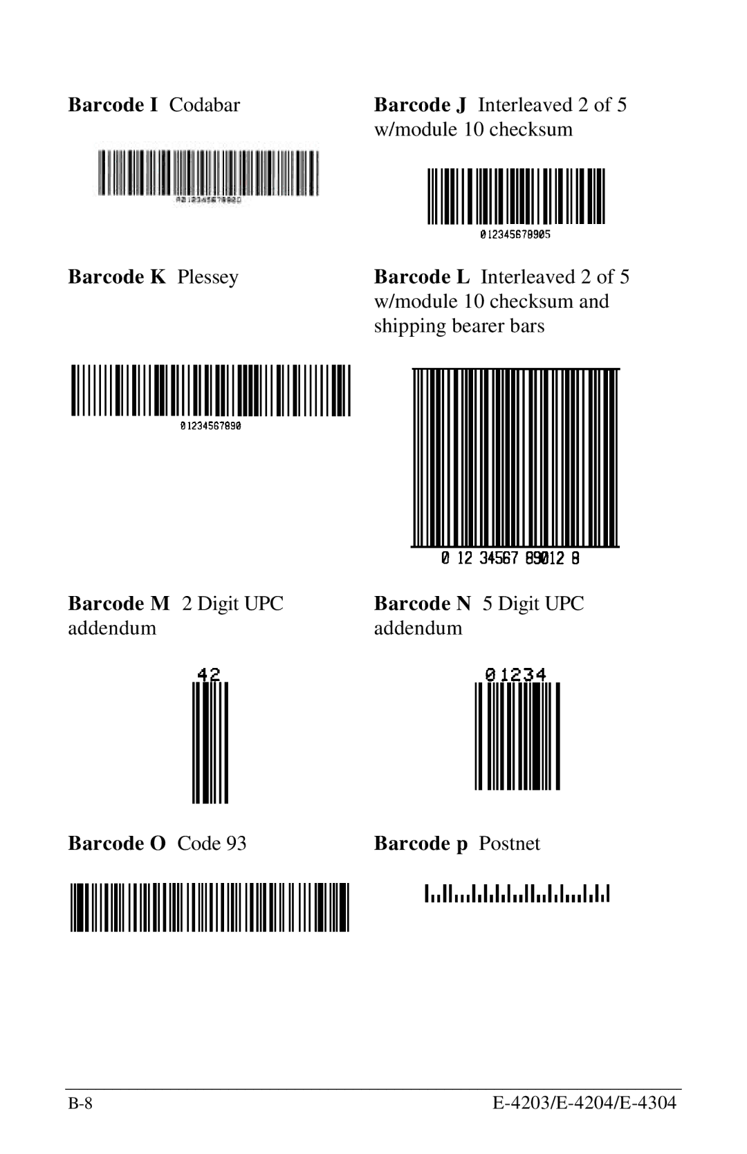 Datamax E-4304 manual Barcode I Codabar, Barcode K Plessey, Barcode O Code Barcode p Postnet 