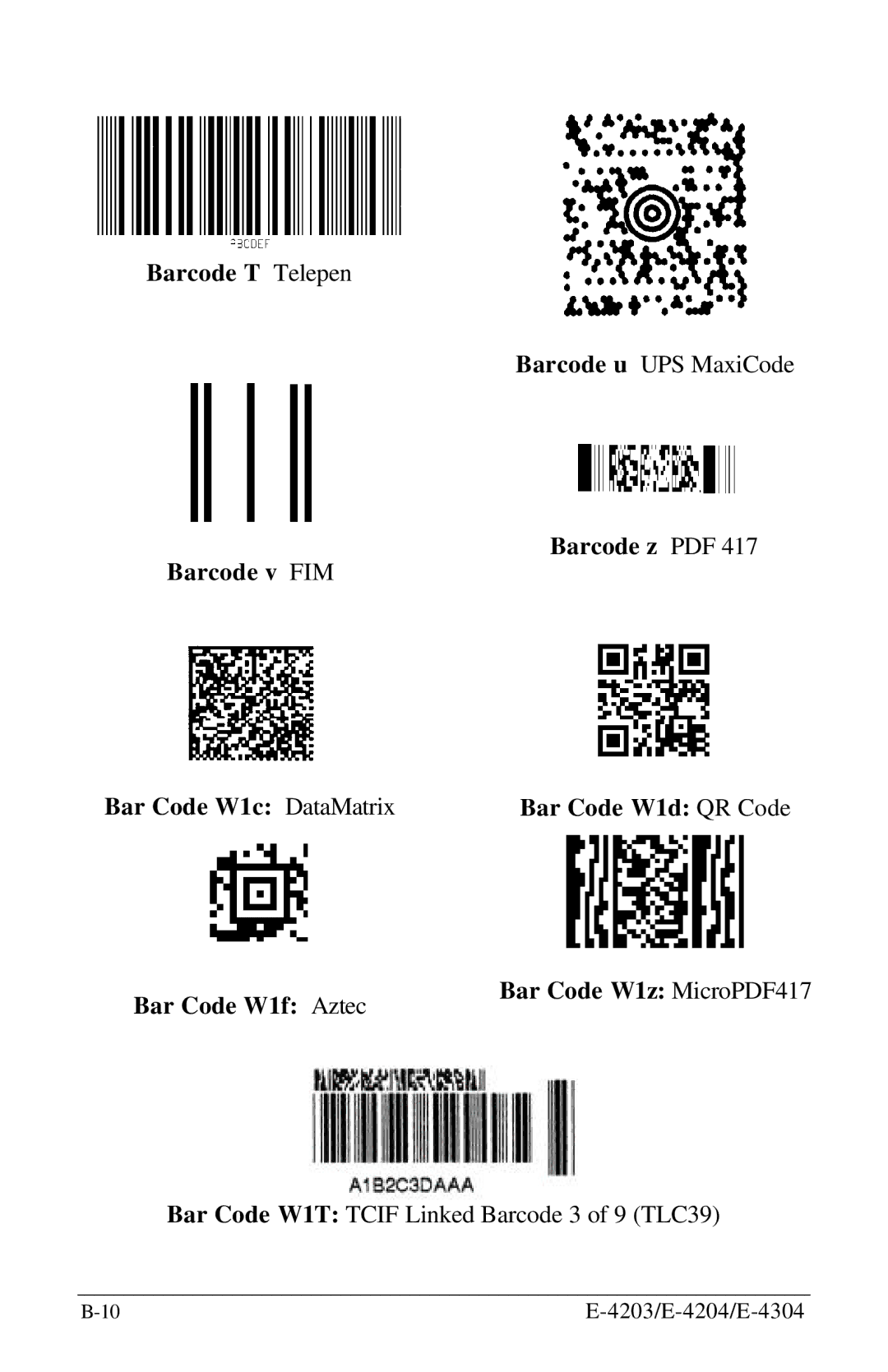 Datamax E-4304 manual Barcode T Telepen, Barcode v FIM Bar Code W1c DataMatrix, Bar Code W1f Aztec 