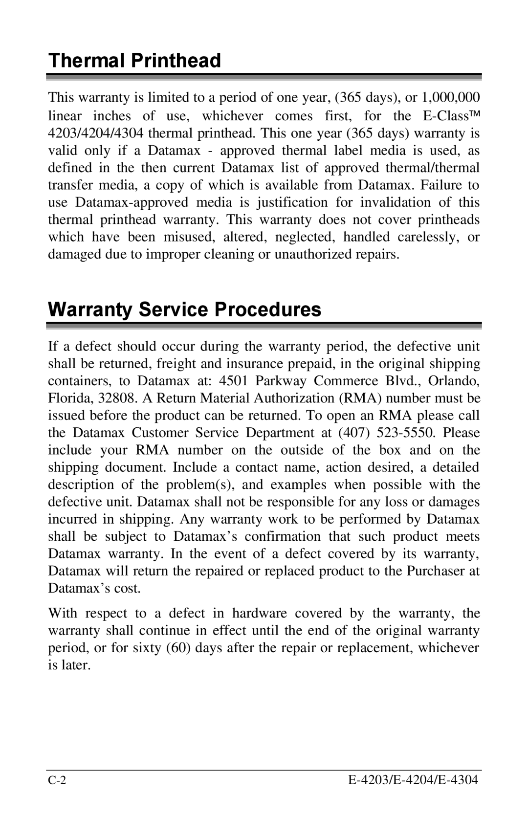 Datamax E-4304 manual Thermal Printhead, Warranty Service Procedures 