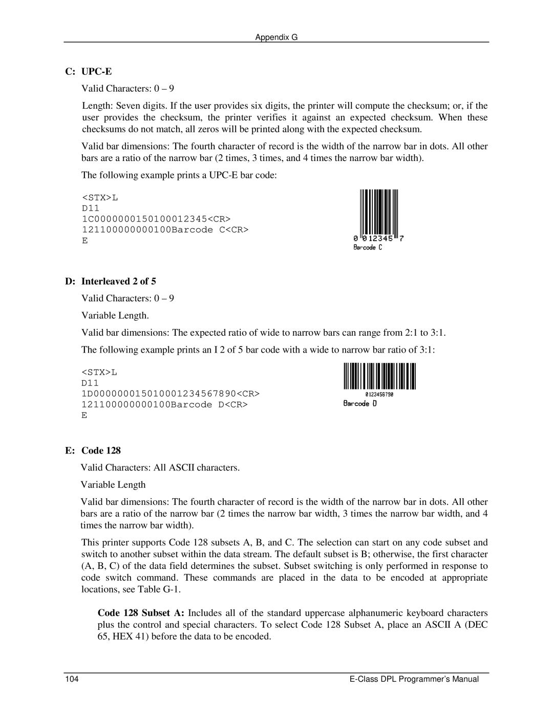 Datamax E4203 manual Upc-E, Interleaved 2 of 5 Valid Characters 0 9 Variable Length 