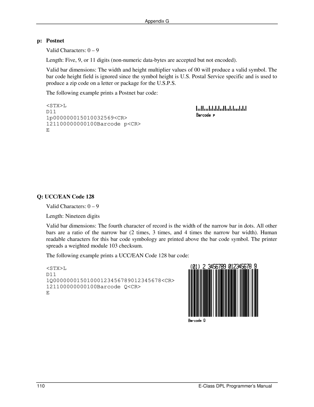 Datamax E4203 manual Postnet, UCC/EAN Code 128 Valid Characters 0 9 Length Nineteen digits 