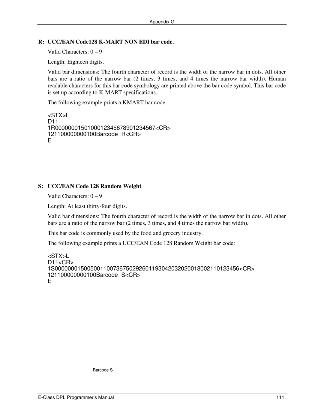 Datamax E4203 manual UCC/EAN Code128 K-MART NON EDI bar code. Valid Characters 0 