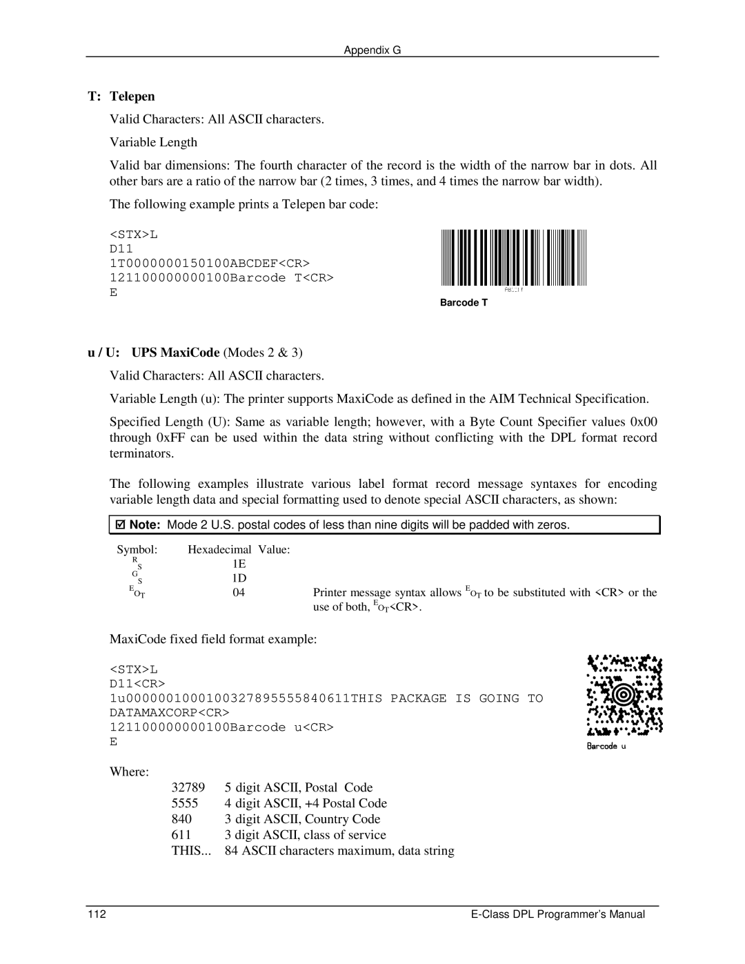 Datamax E4203 manual Telepen, UPS MaxiCode Modes 2 