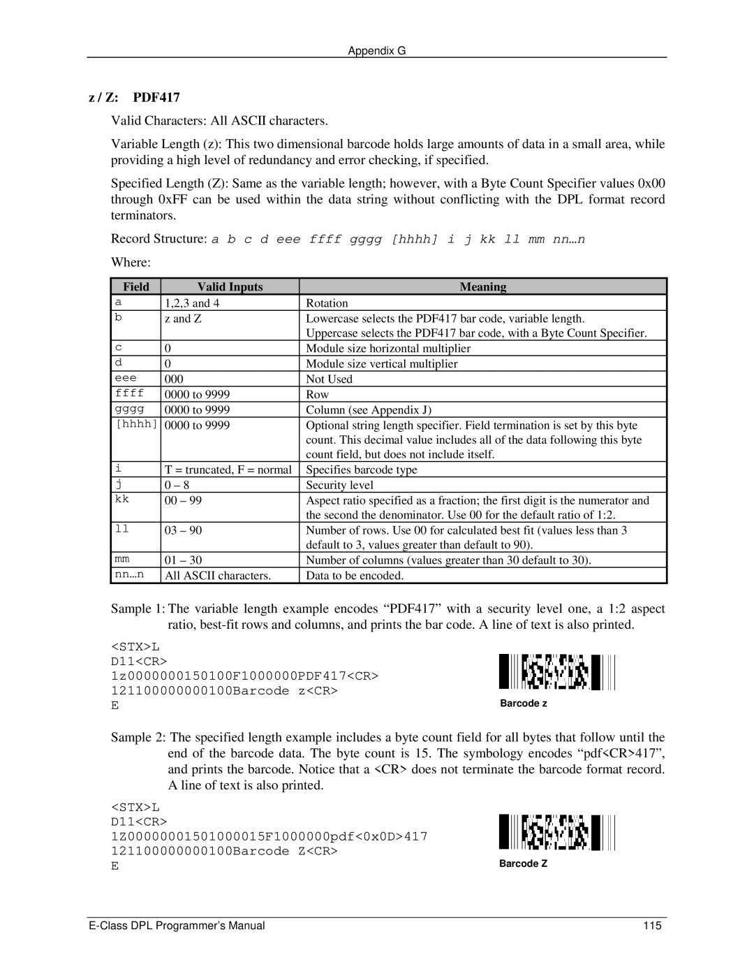 Datamax E4203 manual Field Valid Inputs Meaning 