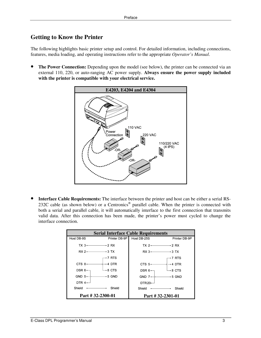 Datamax E4203 manual Getting to Know the Printer, Serial Interface Cable Requirements 32-2300-01 