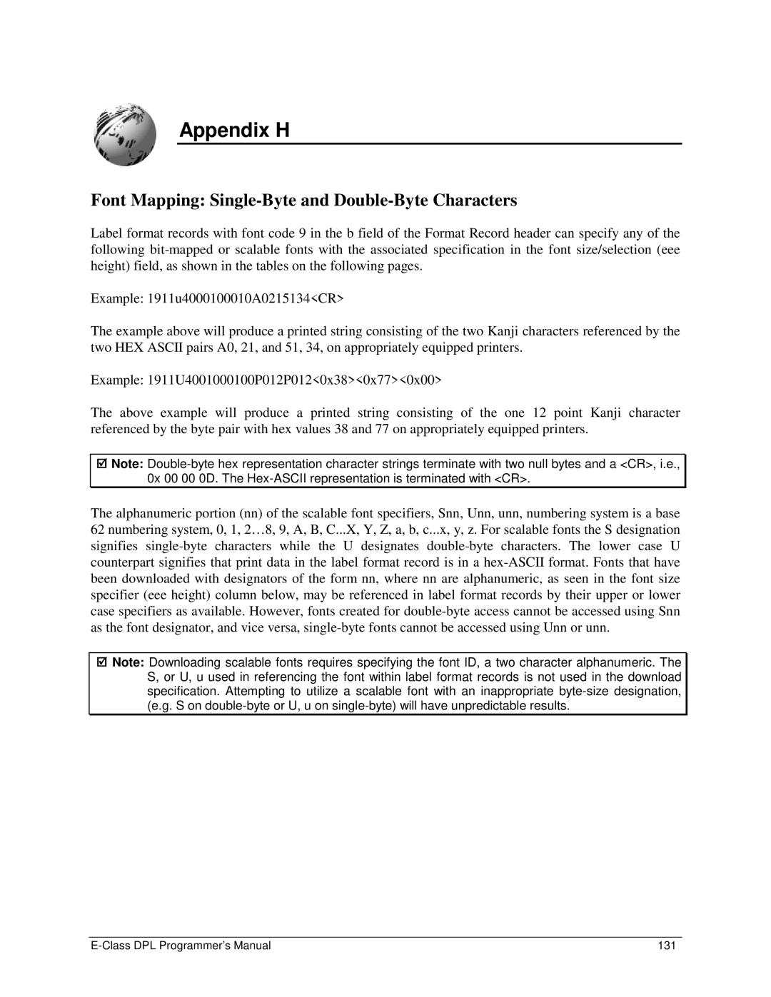 Datamax E4203 manual Appendix H, Font Mapping Single-Byte and Double-Byte Characters 