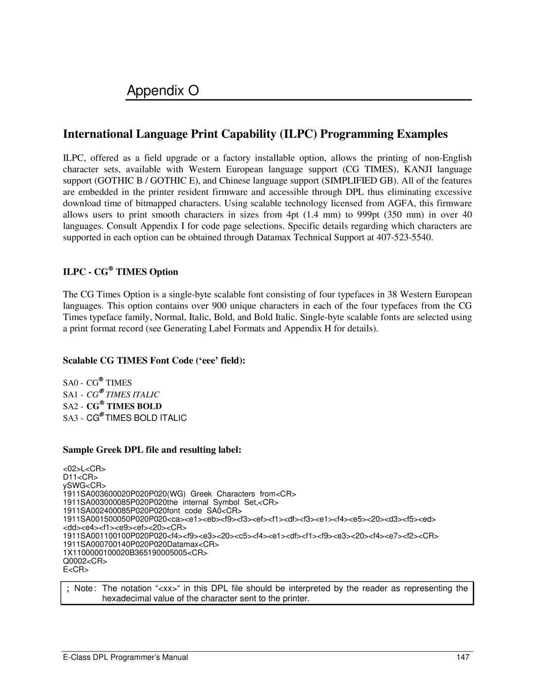 Datamax E4203 manual Appendix O, Ilpc CG Times Option, Scalable CG Times Font Code ‘eee’ field 