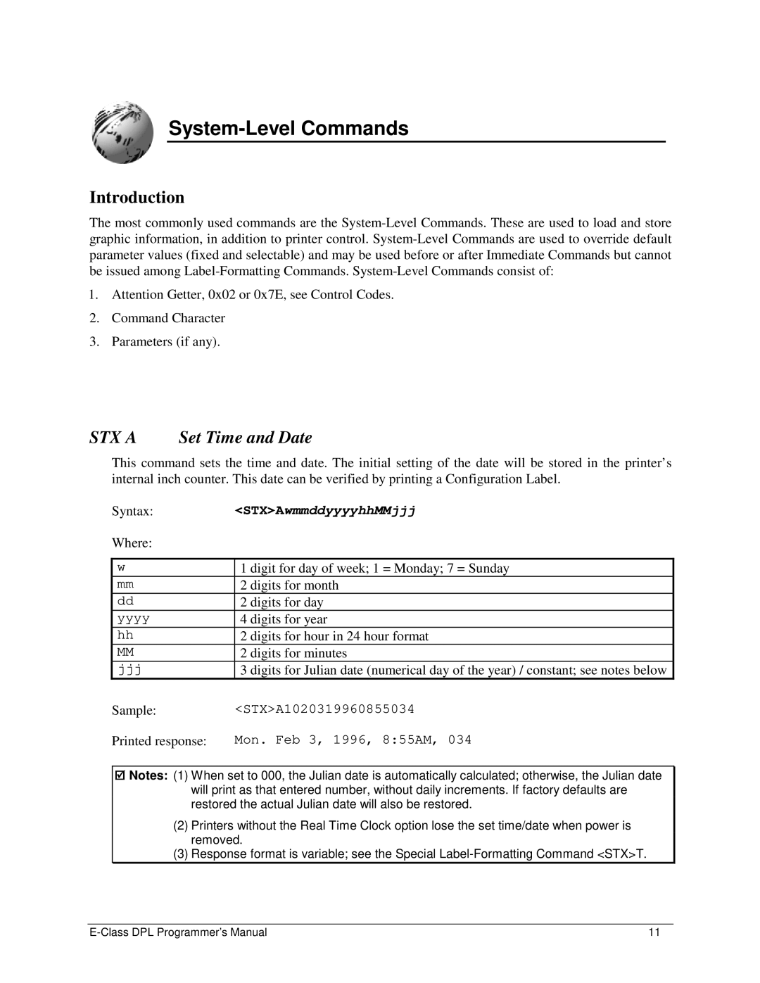 Datamax E4203 manual System-Level Commands, STX a Set Time and Date 