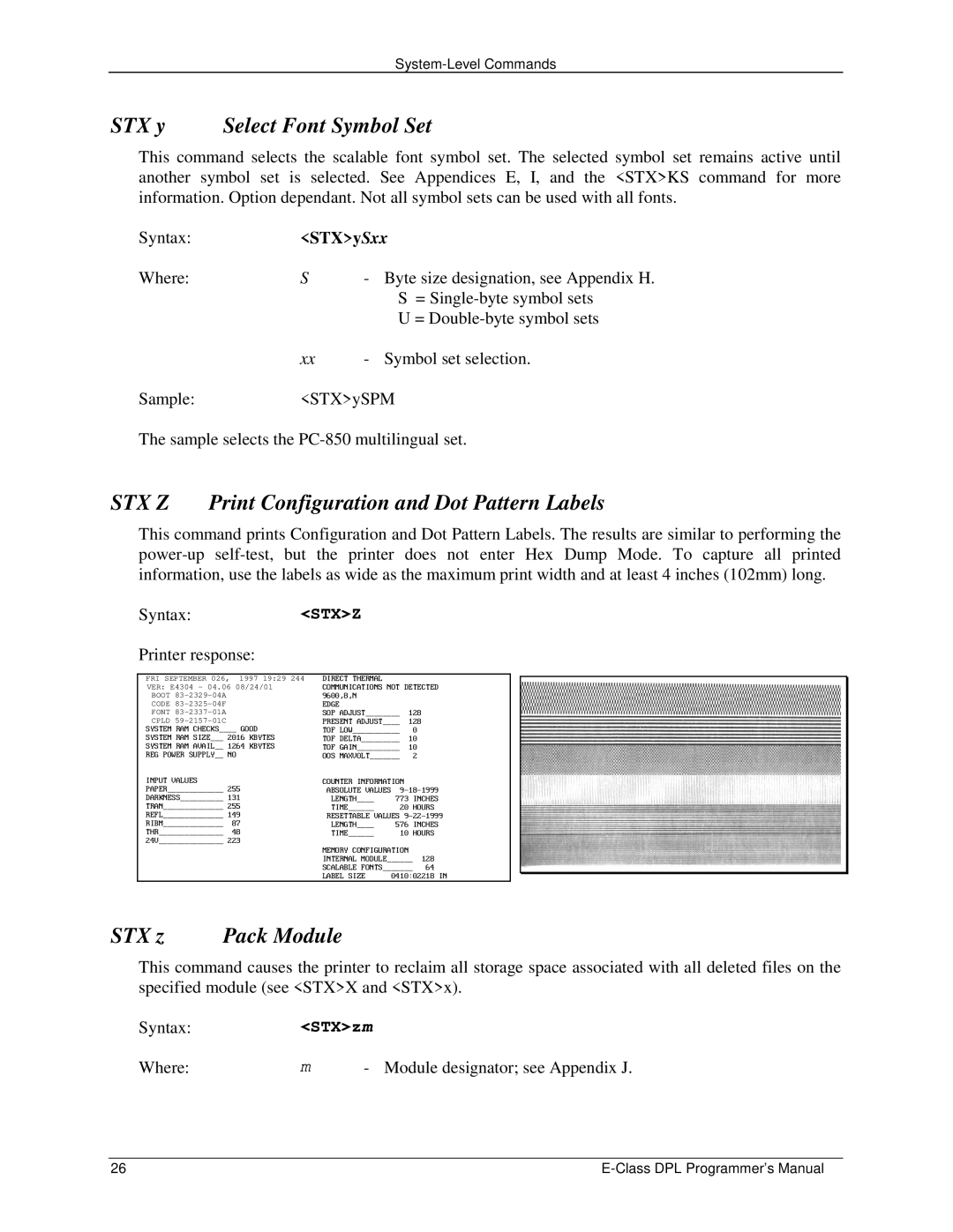 Datamax E4203 manual STX y Select Font Symbol Set, STX Z Print Configuration and Dot Pattern Labels, STX z Pack Module 