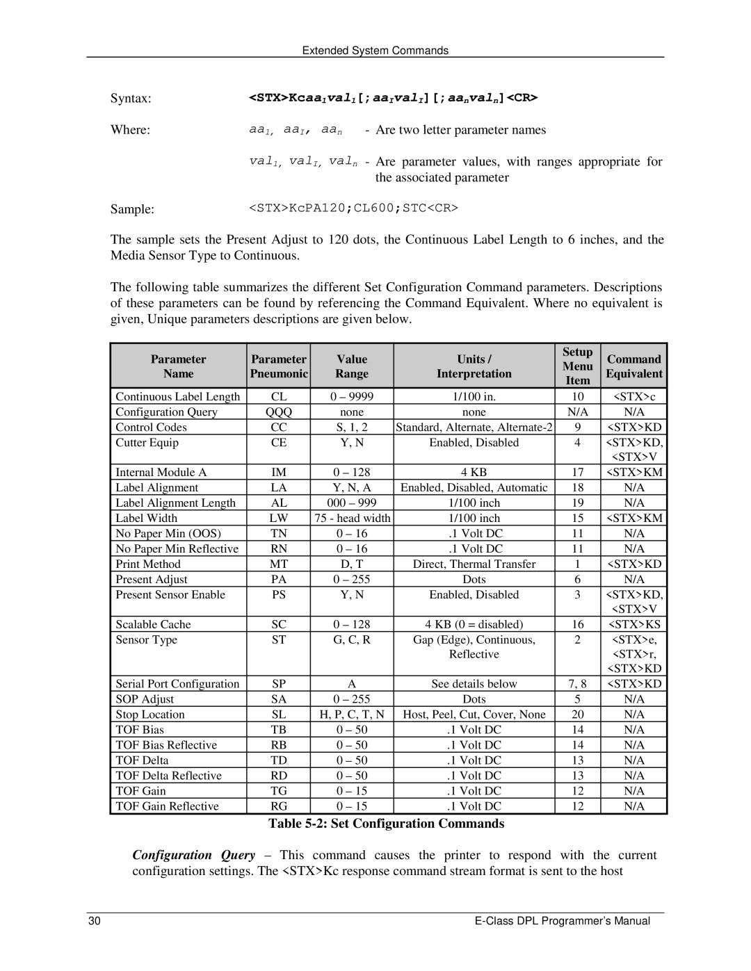 Datamax E4203 manual STXKcaa1val1aaIvalIaanvalnCR, Set Configuration Commands 