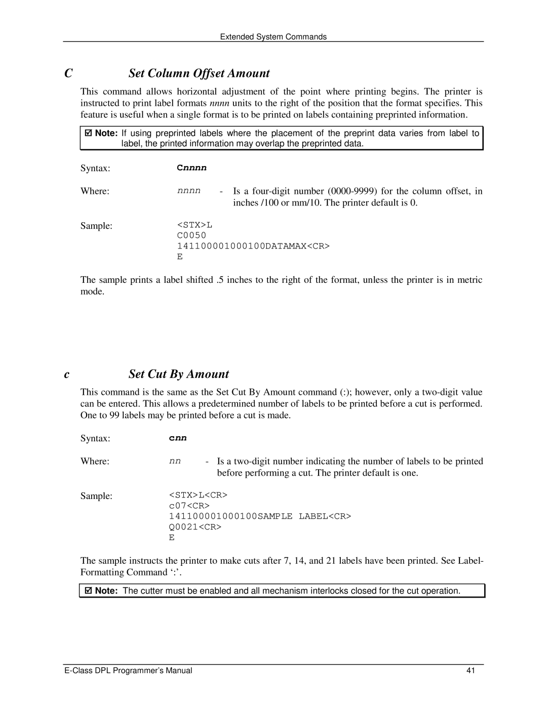 Datamax E4203 manual Set Column Offset Amount, Set Cut By Amount 