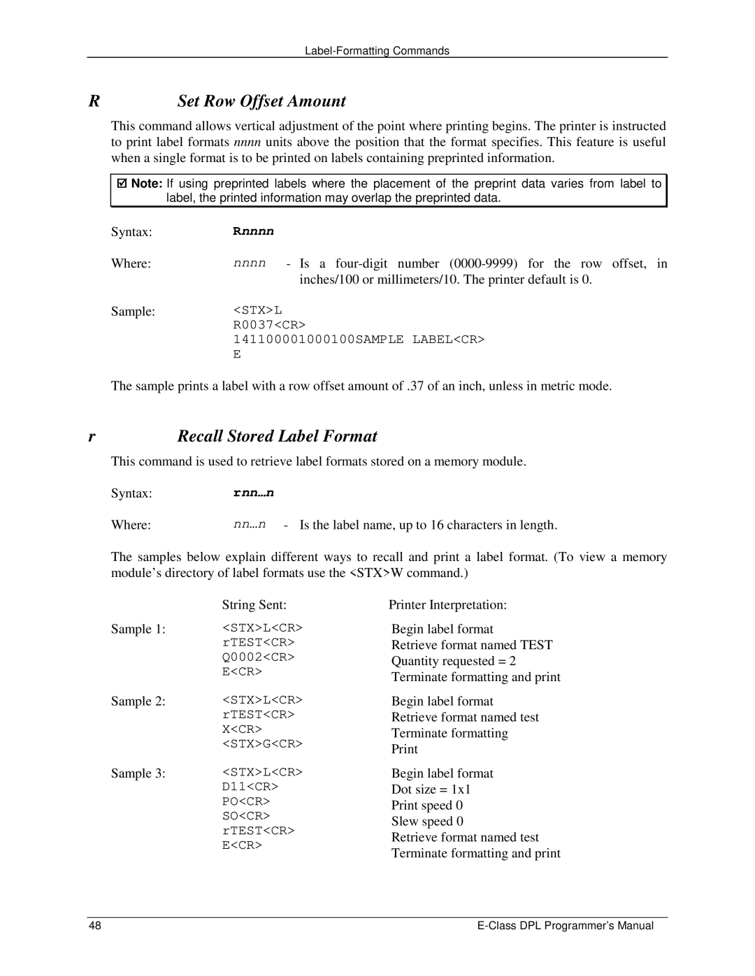 Datamax E4203 manual Set Row Offset Amount, Recall Stored Label Format 