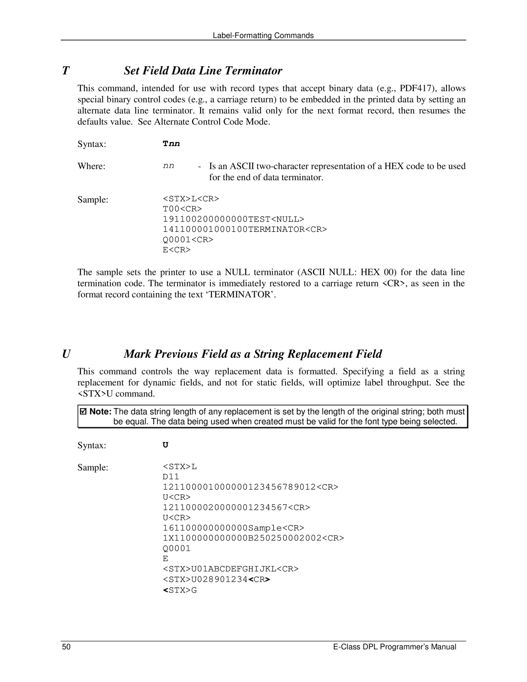 Datamax E4203 manual Set Field Data Line Terminator, Mark Previous Field as a String Replacement Field 