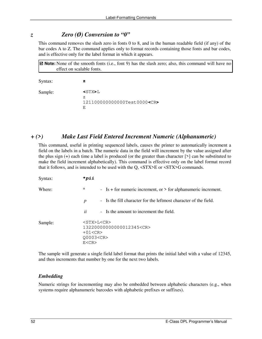 Datamax E4203 manual + Make Last Field Entered Increment Numeric Alphanumeric, Zero Ø Conversion to 