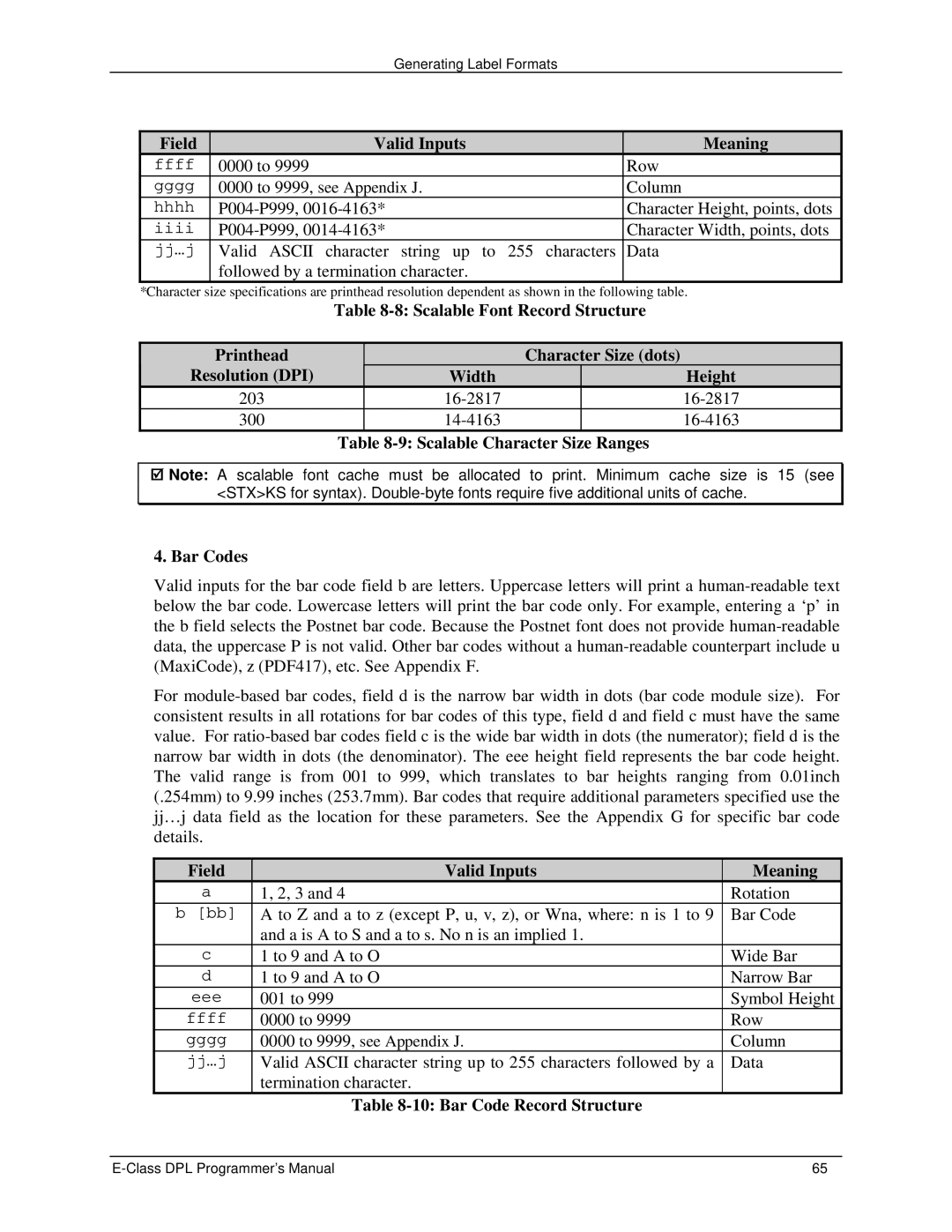 Datamax E4203 manual Scalable Character Size Ranges Bar Codes, Bar Code Record Structure 