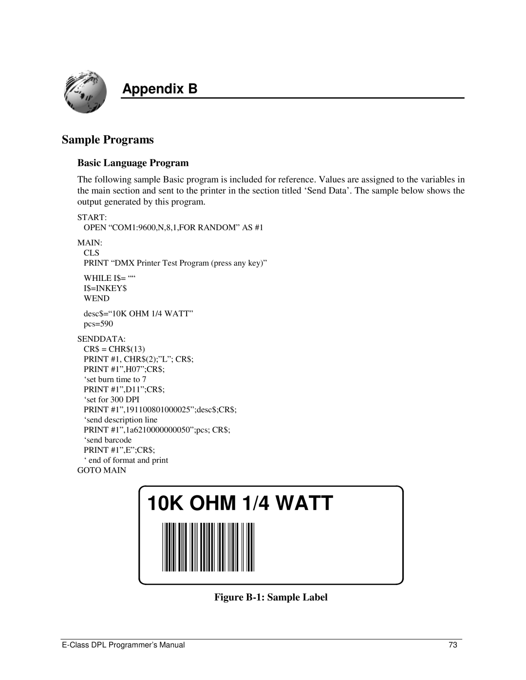 Datamax E4203 manual Appendix B, Sample Programs 