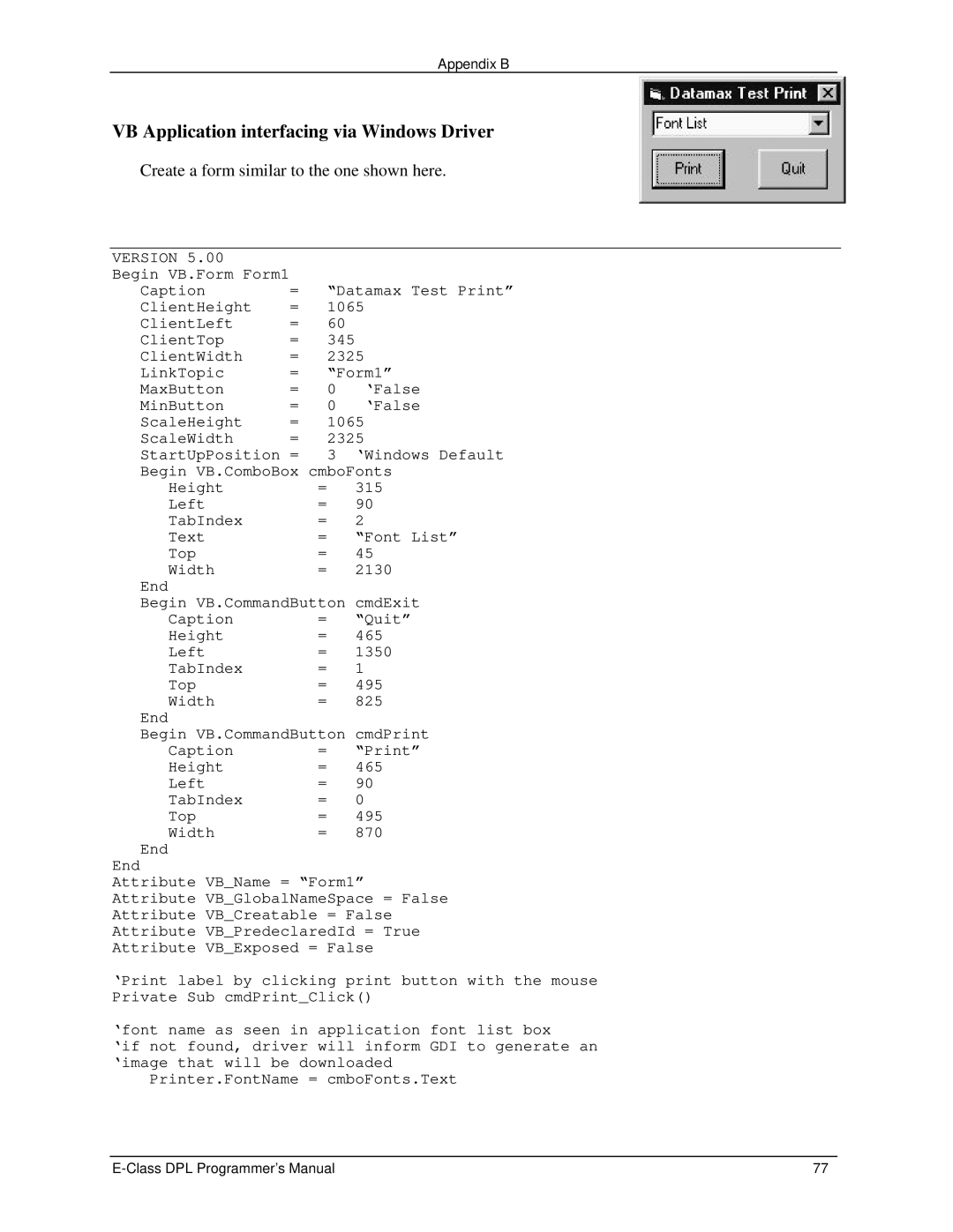 Datamax E4203 manual VB Application interfacing via Windows Driver 