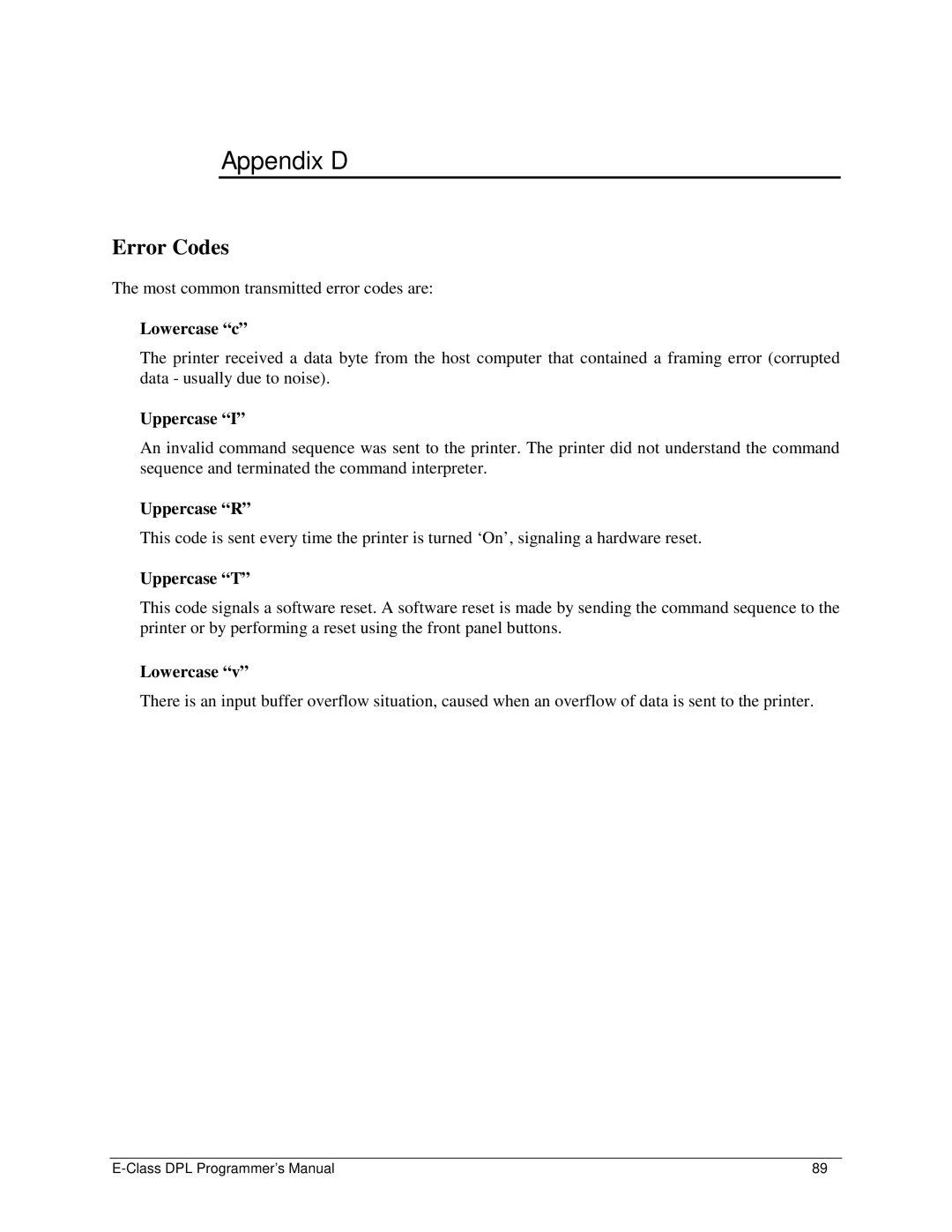 Datamax E4203 manual Appendix D, Error Codes 