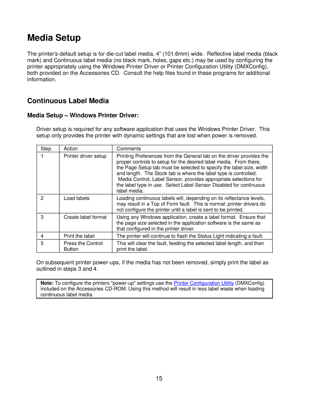 Datamax Ex2 manual Continuous Label Media, Media Setup Windows Printer Driver 