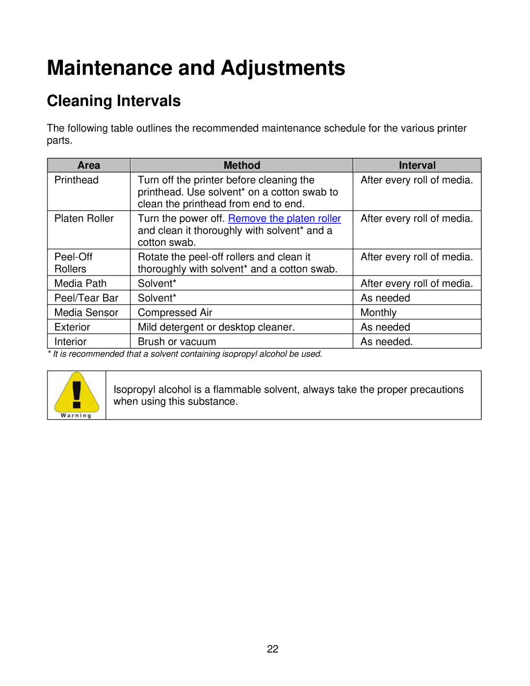 Datamax Ex2 manual Maintenance and Adjustments, Cleaning Intervals, Area Method Interval 