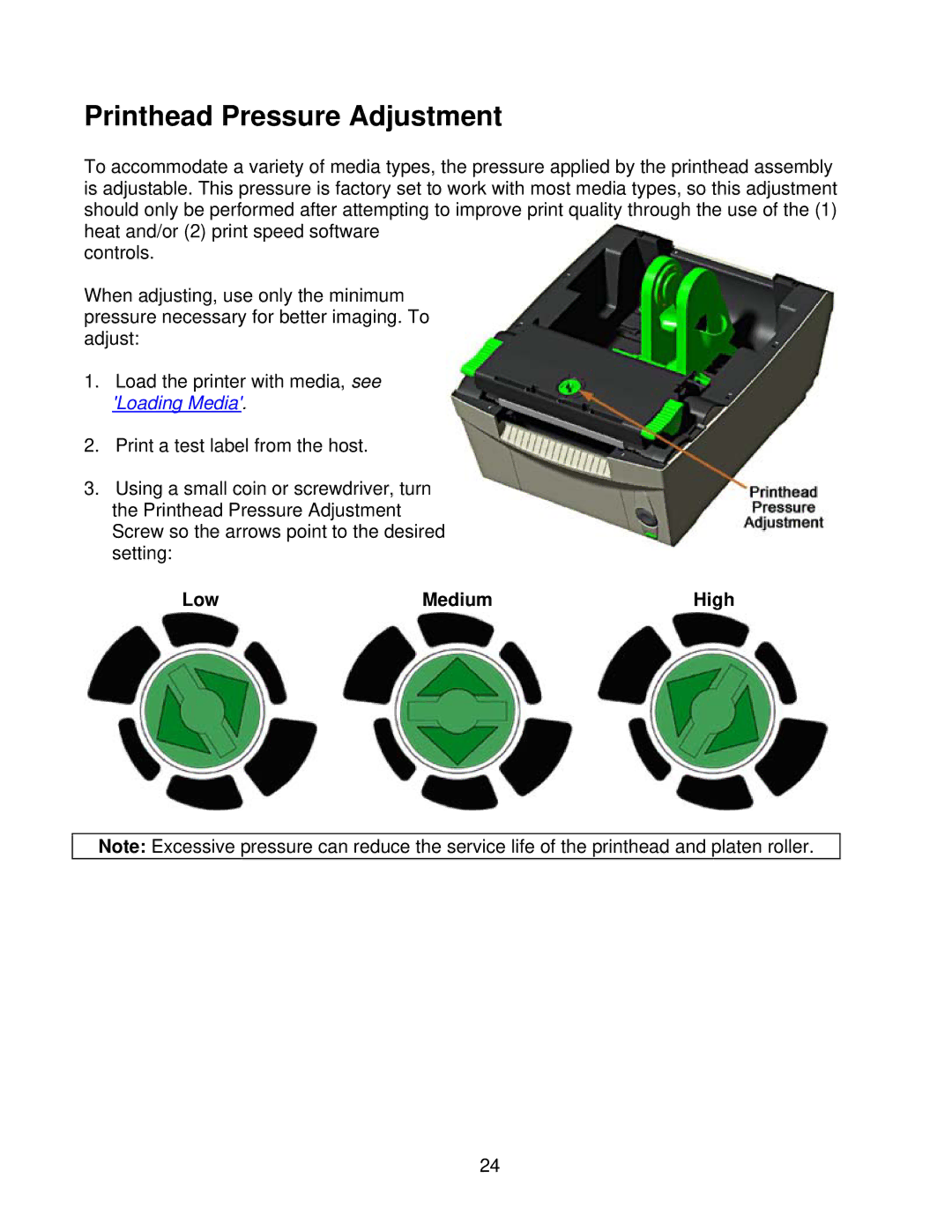 Datamax Ex2 manual Printhead Pressure Adjustment, Low Medium High 