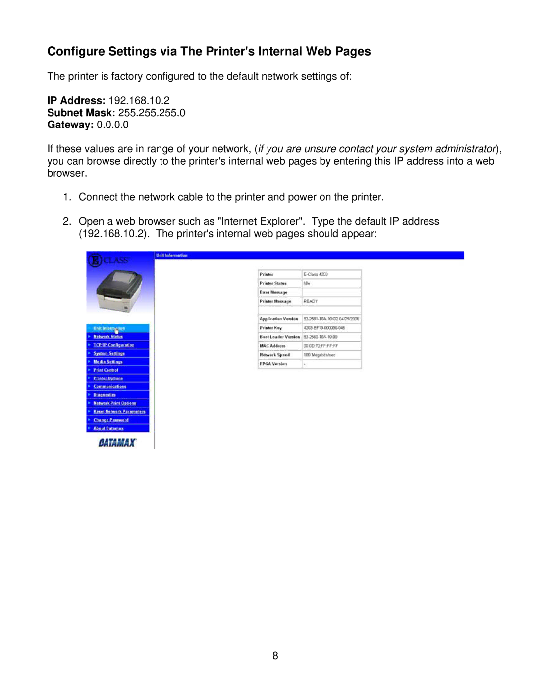 Datamax Ex2 manual Configure Settings via The Printers Internal Web Pages 