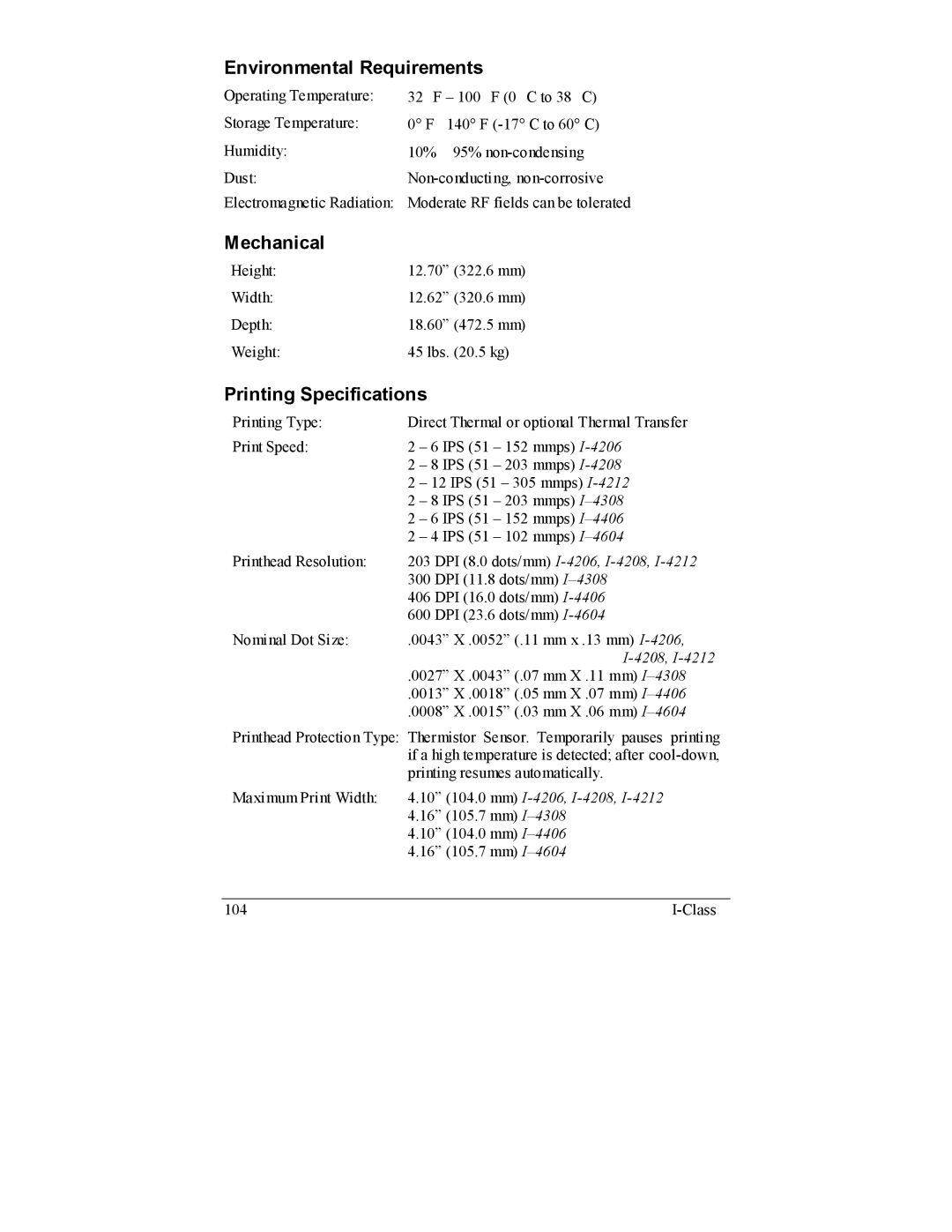 Datamax I-4206, I-4208 manual Environmental Requirements, Mechanical, Printing Specifications 