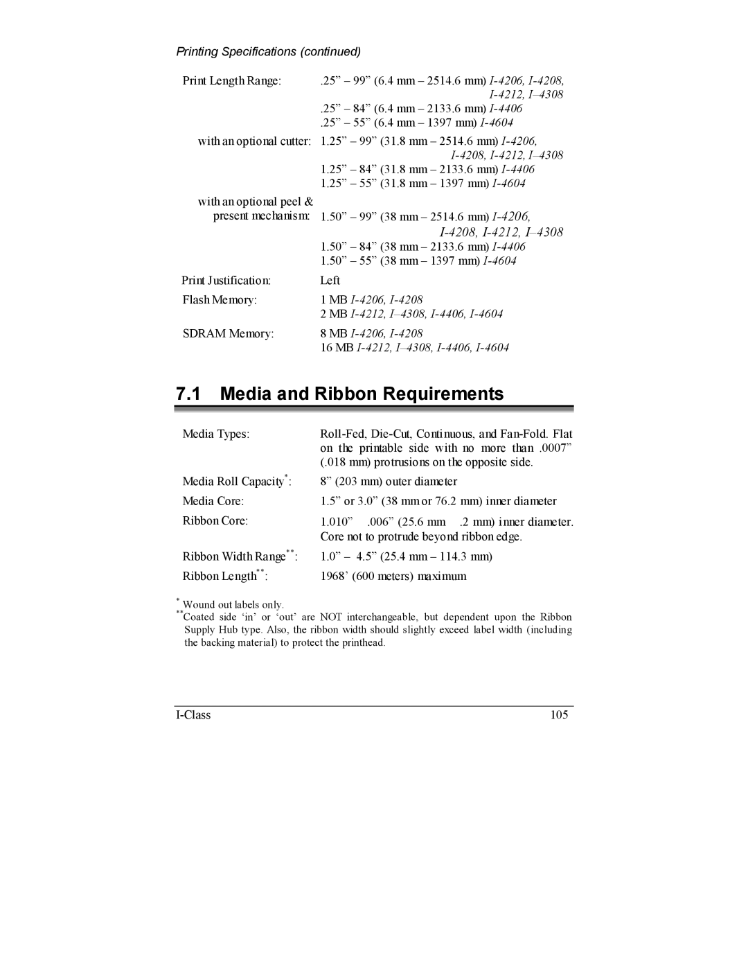 Datamax I-4208, I-4206 manual Media and Ribbon Requirements, Printing Specifications 