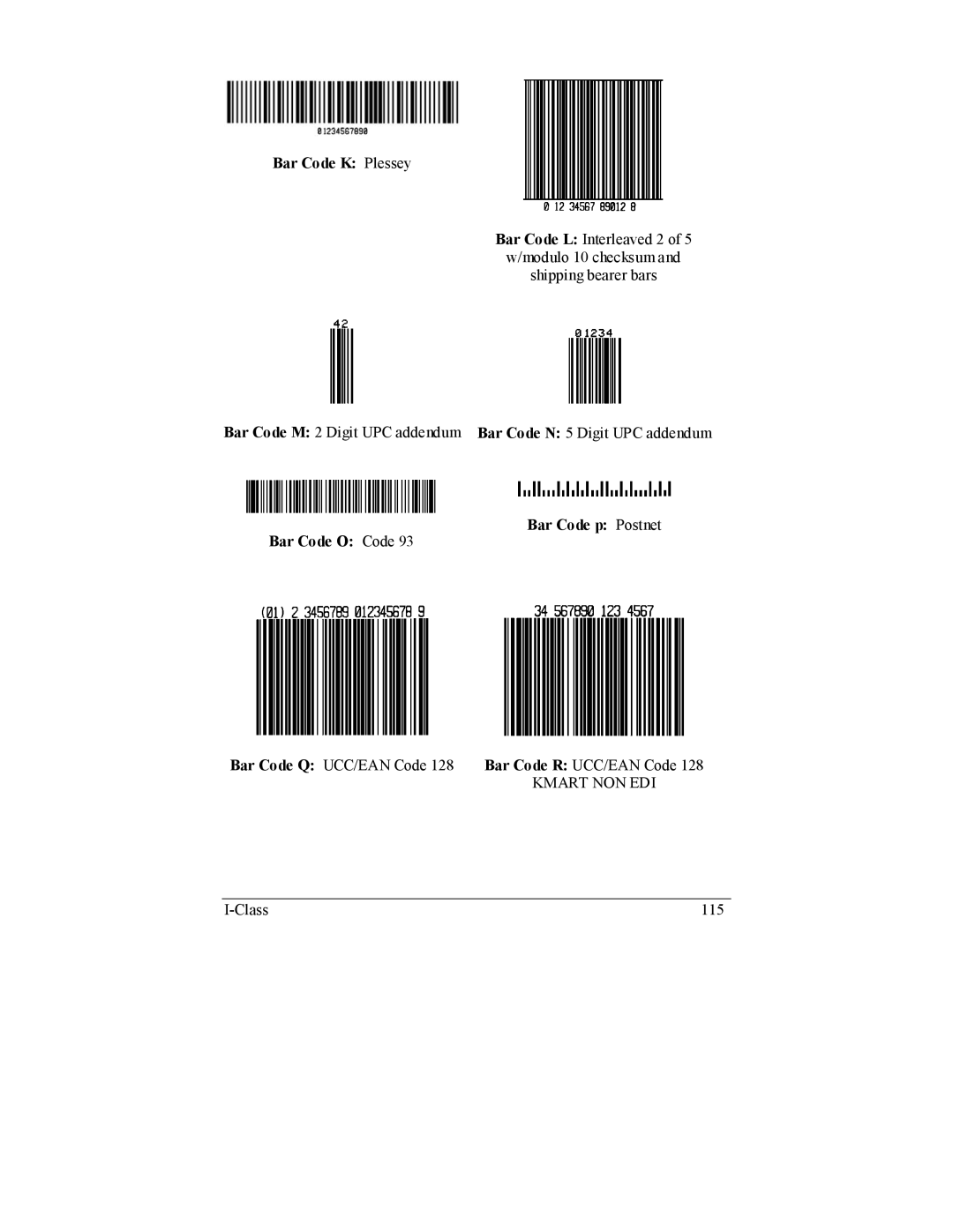 Datamax I-4208, I-4206 manual Bar Code K Plessey, Bar Code p Postnet Bar Code O Code 