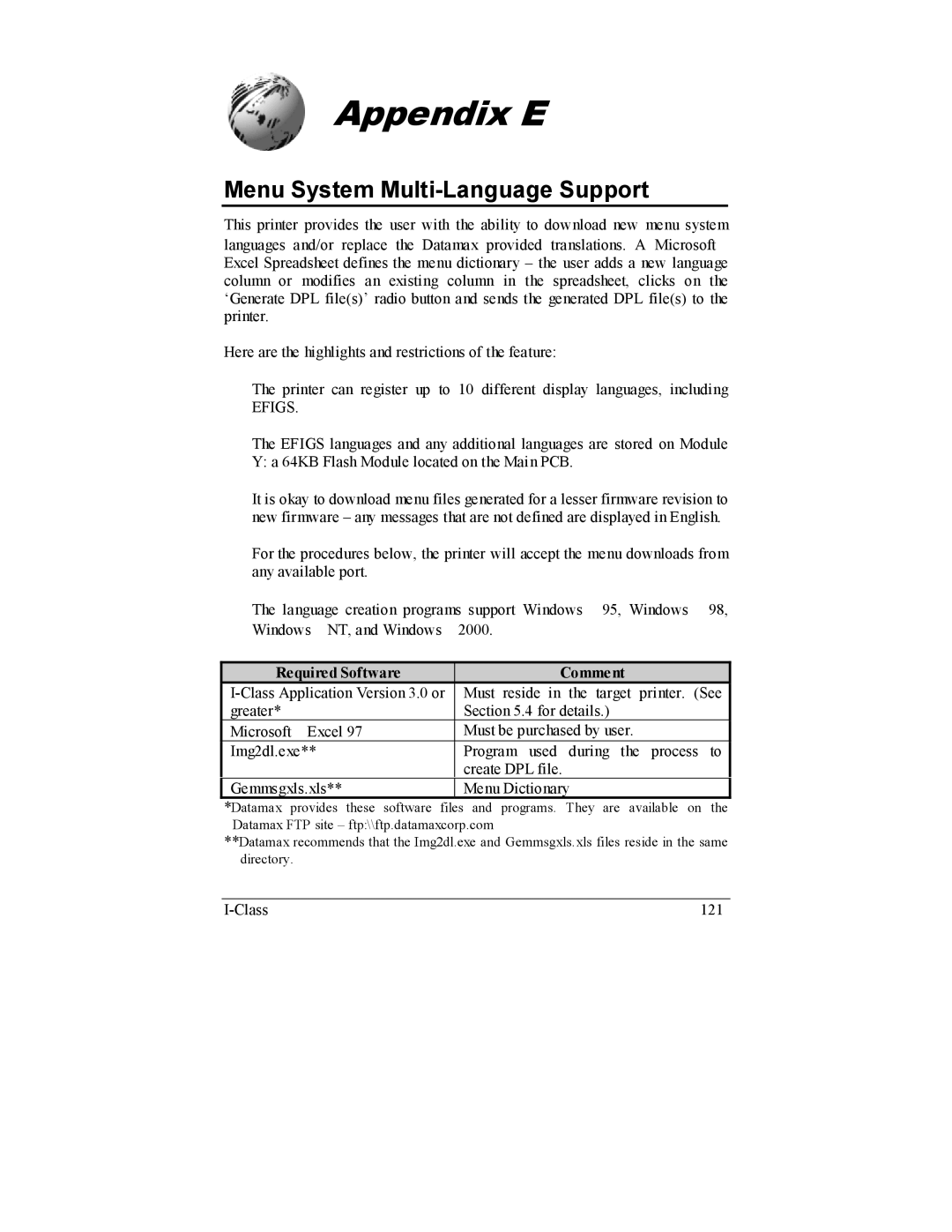 Datamax I-4208, I-4206 manual Appendix E, Menu System Multi-Language Support, Required Software Comment 