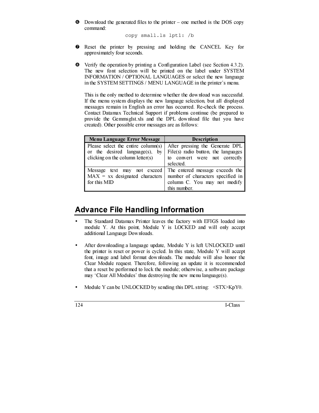 Datamax I-4206, I-4208 manual Advance File Handling Information, Menu Language Error Message Description 