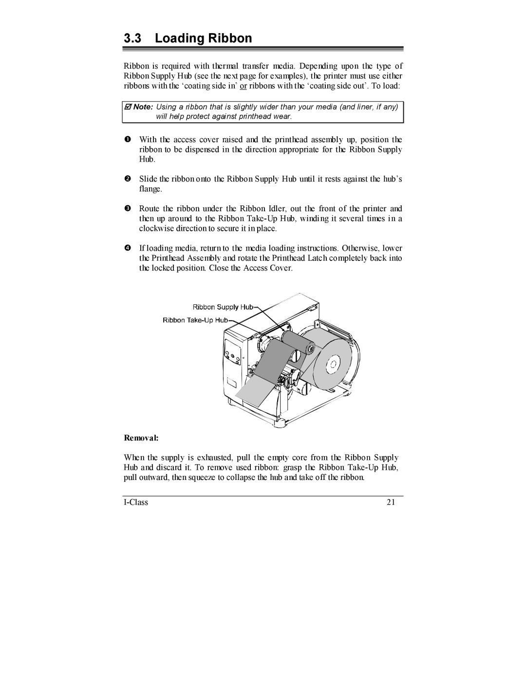 Datamax I-4208, I-4206 manual Loading Ribbon, Removal 