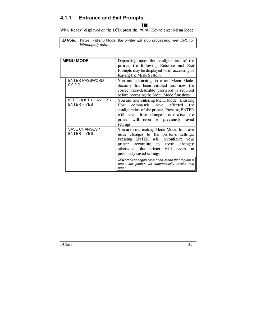 Datamax I-4208, I-4206 manual Entrance and Exit Prompts, Menu Mode 