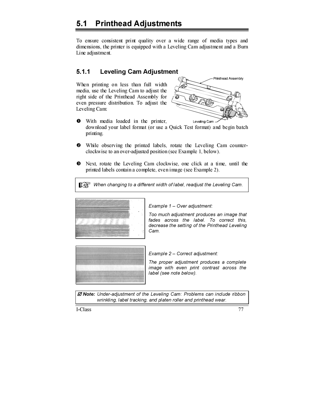 Datamax I-4208, I-4206 manual Printhead Adjustments, Leveling Cam Adjustment 