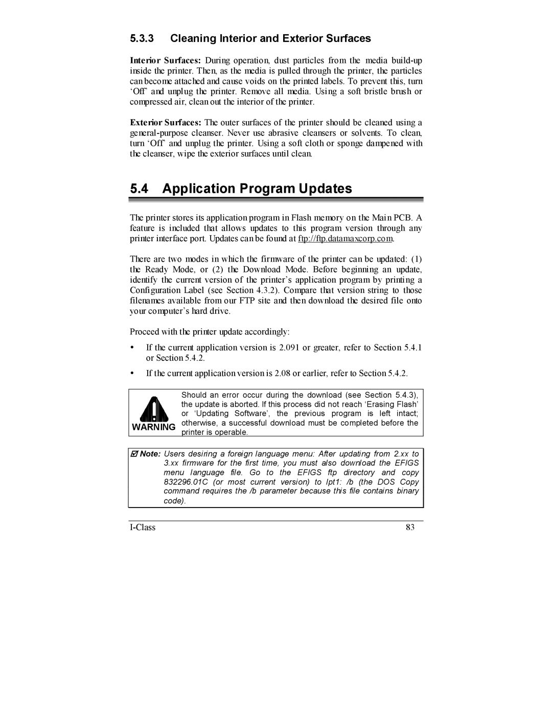 Datamax I-4208, I-4206 manual Application Program Updates, Cleaning Interior and Exterior Surfaces 